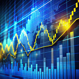 A vibrant stock market chart composition with blue and yellow elements, illustrating market movements and price trends.