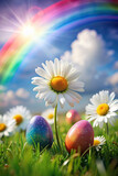 A close-up view of a delicate daisy, its petals kissed by the gentle breeze carrying the scent of Easter morning, with a background of vividly painted eggs and a rainbow streaking across the sky.