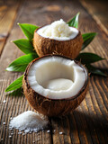 A coconut half filled with rich, creamy coconut milk, evoking indulgence and sophistication.