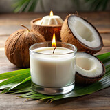 A coconut-scented candle in a sleek, modern glass jar, perfect for upscale decor.