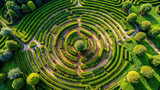 Aerial perspective of a picturesque grass labyrinth, highlighting its mesmerizing textures