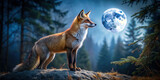 Against the backdrop of a moonlit forest, a solitary fox stands alert, its ears perked and nose twitching as it surveys its surroundings for potential prey
