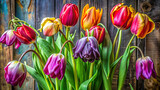 A composition showcasing the juxtaposition of vibrant tulips and their drooping stems, hinting at the beauty in aging and decay.