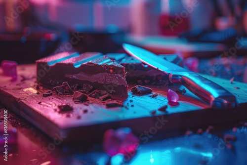 A delicious piece of chocolate on a wooden cutting board. Perfect for food and dessert concepts photo