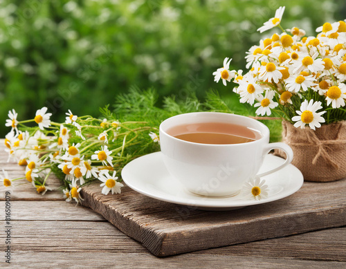 Chamomile tea or infuse served with fresh flowers on wooden table against nature background
