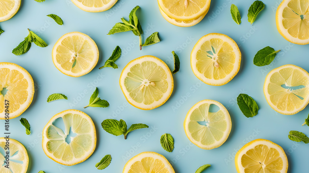 Flat lay with lemon slices and mint leaves on blue background, top view. Background for design or banner. Summer holiday concept Flat lay with lemon slices and mint leaves on blue background, top view. Background for design or banner. Summer holiday concept