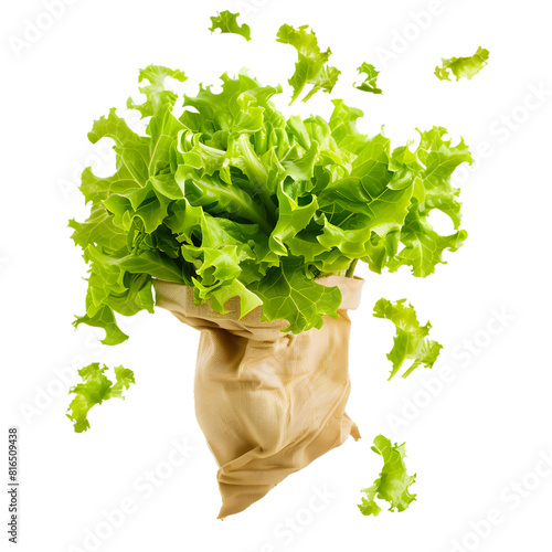 Lettuce falling from hole in the bag, PNG image, no background