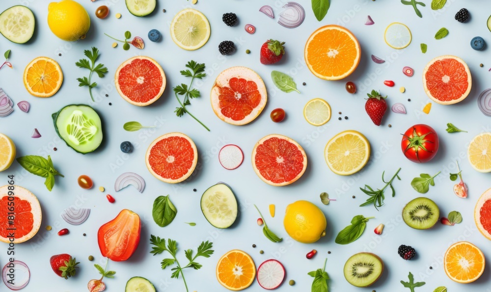 seamless pattern of organic fresh fruits and vegetables on solid color background. seamless pattern of organic fresh fruits and vegetables on solid color background.