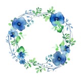 Circular watercolor flower crown with blue flower and green leaves. Circle picture frame with green pastel leaves. Organic botany concept for eco-friendly branding and stationery design. AIG35.
