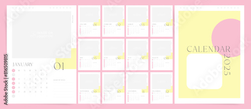Set of 2025 A4 Calendar Planner Template in Minimal Aesthetic Design. Vector layout of a wall, table or desk modern 2025 calendar. Place for Notes. Calendar printable grid in pink white colors.