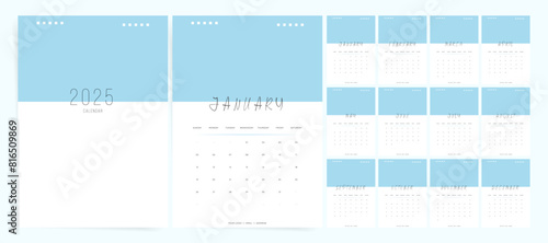 Set of 2025 Calendar Planner Template. Vector Vertical layout of a wall, table or desk modern business 2025 calendar. From Sunday. Calendar printable grid in yellow pink colors.