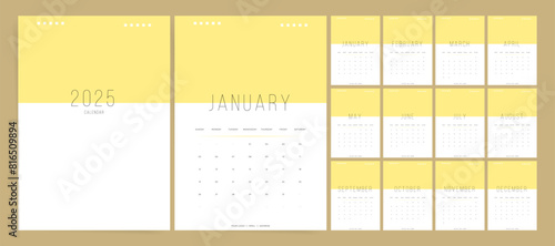 Set of 2025 Calendar Planner Template with Place for Photo or Image. Vector layout of a wall, table or desk modern 2025 calendar. From Sunday. Calendar printable grid in yellow white colors.