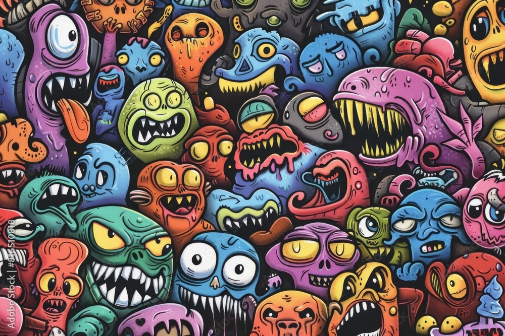 A large group of colorful cartoon monsters. Suitable for children's books or Halloween designs