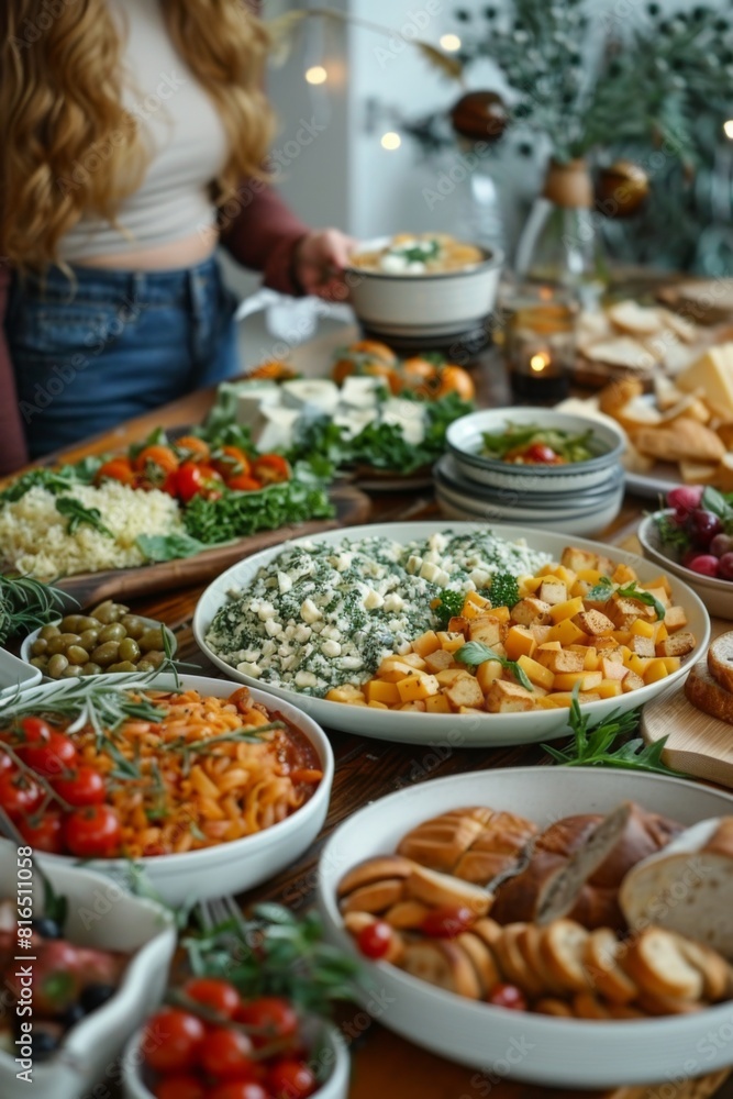 A person enjoying a healthy homemade meal at a beautifully decorated table with a variety of fresh dishes, including salads, vegetables, olives, and bread, in a cozy, inviting setting.