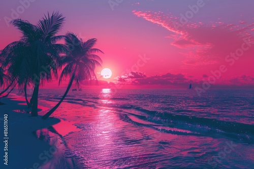 A beautiful pink sunset over the ocean with silhouetted palm trees. Perfect for travel and vacation themes