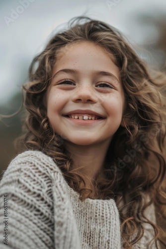 A happy young girl with curly hair smiling at the camera. Perfect for lifestyle and beauty concepts
