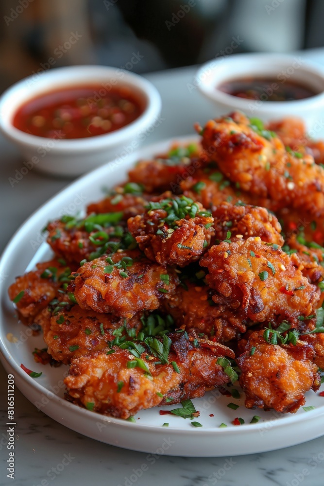 A plate of crispy chicken bites garnished with chopped green onions and served with two different dipping sauces. The dish is vibrant, flavorful, and inviting. A plate of crispy chicken bites garnished with chopped green onions and served with two different dipping sauces. The dish is vibrant, flavorful, and inviting.