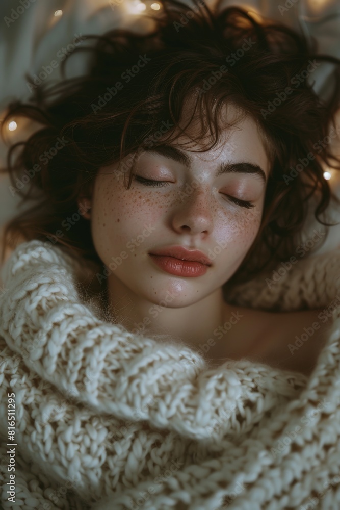 A young woman with freckles and curly hair, wrapped in a chunky knit sweater, sleeps peacefully under warm lights. She looks serene and comfortable, embodying a cozy, restful atmosphere. A young woman with freckles and curly hair, wrapped in a chunky knit sweater, sleeps peacefully under warm lights. She looks serene and comfortable, embodying a cozy, restful atmosphere.