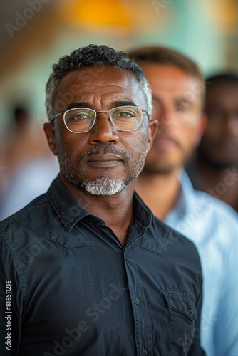 A distinguished African man wearing glasses and a black shirt stands in a crowd. He has short curly hair and a salt-and-pepper beard, looking directly at the camera with a serious expression.