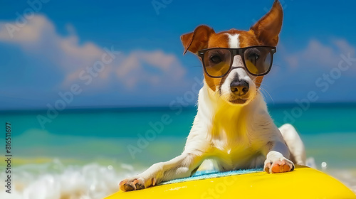 Jack russell dog surfing on yellow surfboard with cool sunglasses in the beach, during sunny day, summer vacation concept © Mangata Imagine