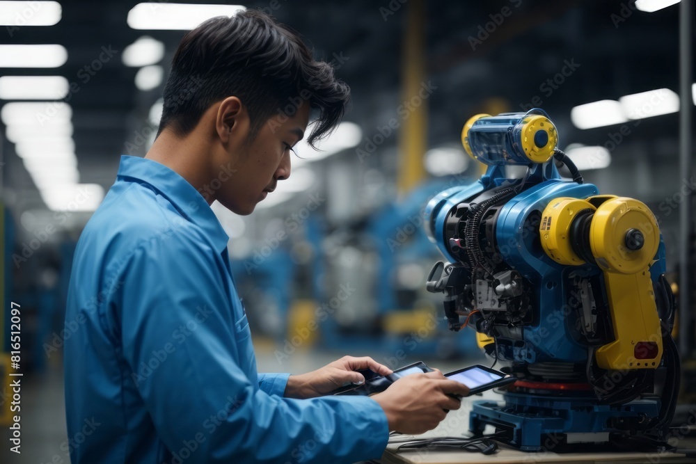 Fototapeta premium technician checking and repairing controller robot using digital tablet in factory