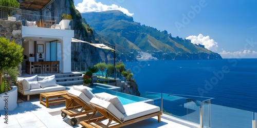 Luxurious villa on Amalfi Coast with panoramic Mediterranean views and cliffside terraces. Concept Luxury Accommodation, Amalfi Coast, Mediterranean Views, Cliffside Terraces, Villas photo