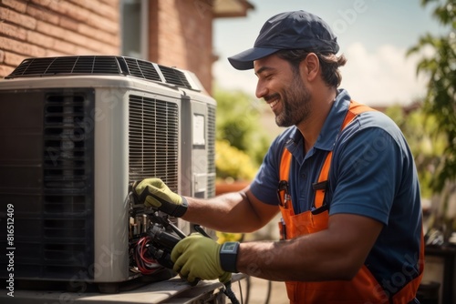 Technician repair AC outside the house