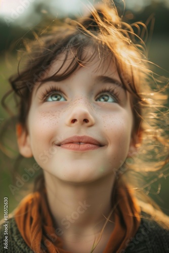 Close-up portrait of a young girl with freckles. Perfect for lifestyle and family-themed projects