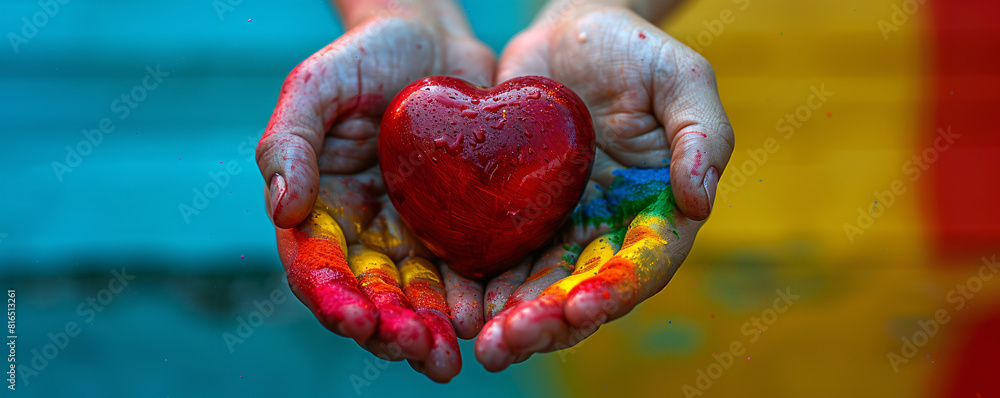 Naklejka premium Steampunk rainbow hands delicately hold a red heart, centered on a minimalist color background. The image merges whimsical steampunk elements with a strong symbol of love, providing an eye-catching