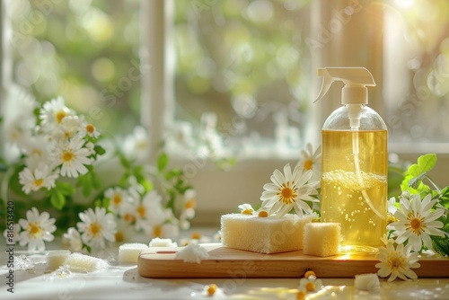 Mock up of organic cleaning products for house cleaning with sponges on a cooking panel with spring flowers. Eco friendly spring cleaning. Soft image and soft focus style