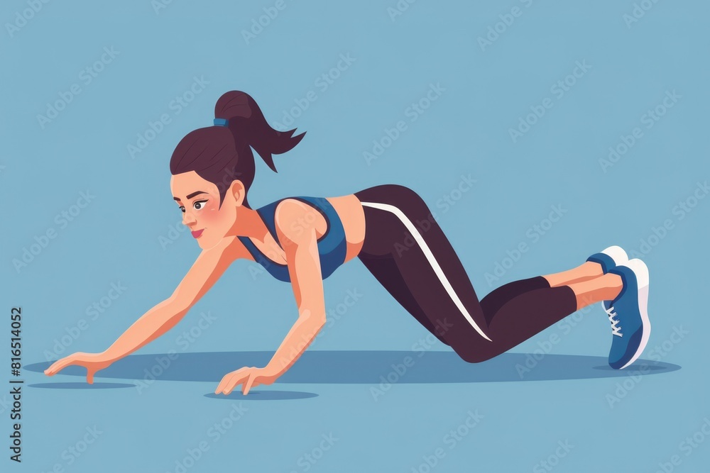 A woman performing push ups on a blue background, suitable for fitness and health concepts A woman performing push ups on a blue background, suitable for fitness and health concepts