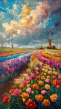 Vibrant Tulip Fields and Windmills in Pastoral Dutch Landscape