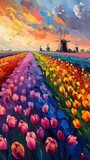 Vibrant Tulip Fields with Windmills in Springtime Landscape