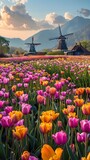 Vibrant Tulip Patchwork and Windmills in Idyllic Dutch Countryside Landscape