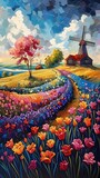 Vibrant Tulips and Windmills Cascading Across a Picturesque Dutch Countryside Landscape