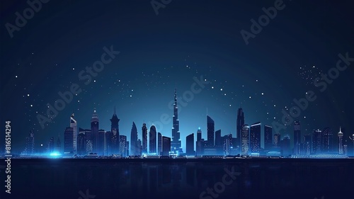 A city skyline is lit up at night