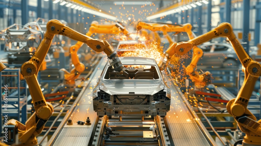 Car production line with robot arms in a car factory, photo of a modern automotive plant using robotic arms to build cars on the assembly lines, Front View Car production line with robot arms in a car factory, photo of a modern automotive plant using robotic arms to build cars on the assembly lines, Front View