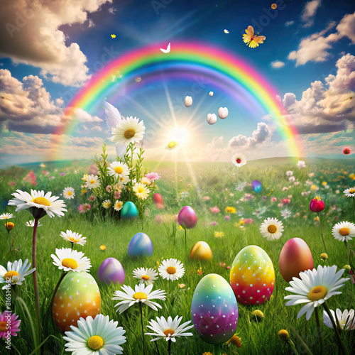 A dreamy digital artwork showcasing a meadow filled with daisies and a rainbow arcing overhead  with colorful Easter eggs scattered about  creating a whimsical and festive scene.