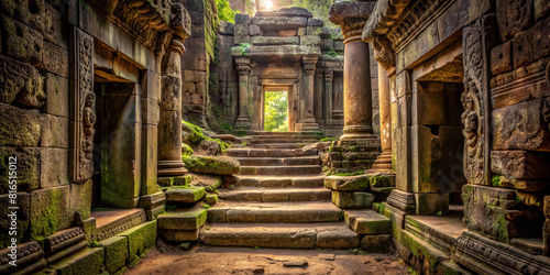 A forgotten archaeological site  its temple entrance guarded by ancient stone steps  leading into a shadowy interior.