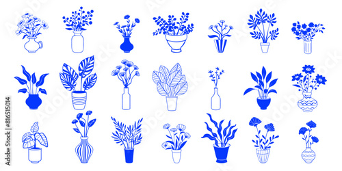 Collection of simplistic hand drawn vector of various potted plants,flowers in various vases.