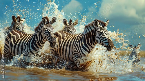 Dynamic shot of zebras splashing and frolicking in the waterhole  their joyful expressions and playful antics capturing the exuberance of life in the wild. 