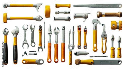 Isolated metal toolbox overflowing with various repair tools like hammers, screwdrivers, wrenches, and pliers