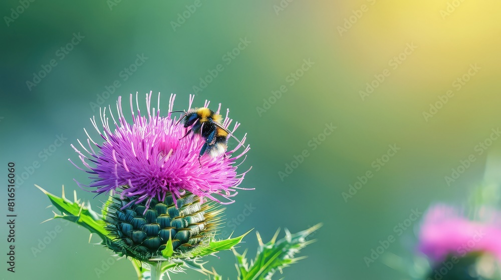 Close-up shot of a bumblebee delicately perched on a vibrant thistle bloom, set against a serene plain green background, evoking a sense of calm and harmony. Close-up shot of a bumblebee delicately perched on a vibrant thistle bloom, set against a serene plain green background, evoking a sense of calm and harmony.