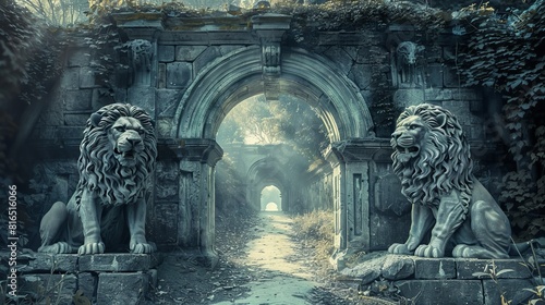 A tunnel with a stone structure at the end, flanked by two lions at the entrance, reminiscent of a portal to another world, similar to Alice in Wonderland photo