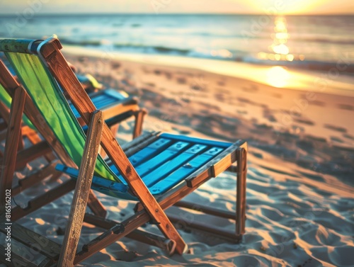 a row of beach chairs on the sand at sunset  one chair is blue and green with wood slats in it  other chairs have wooden frames made out of planks  there s some water behind them