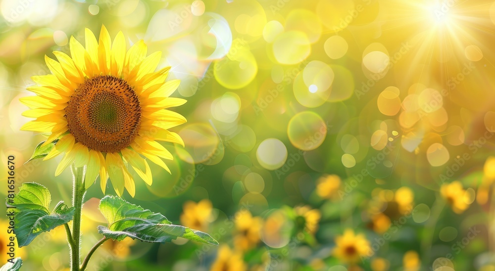 Obraz premium Sunflower in the Sun: A close-up view of a radiant sunflower bathed in the warmth of sunlight, standing tall amid a field of sunflowers.