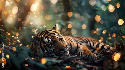 Serene scene of a Bengal Tiger lounging in the tranquil forest setting  surrounded by blurred foliage and twinkling bokeh lights.
