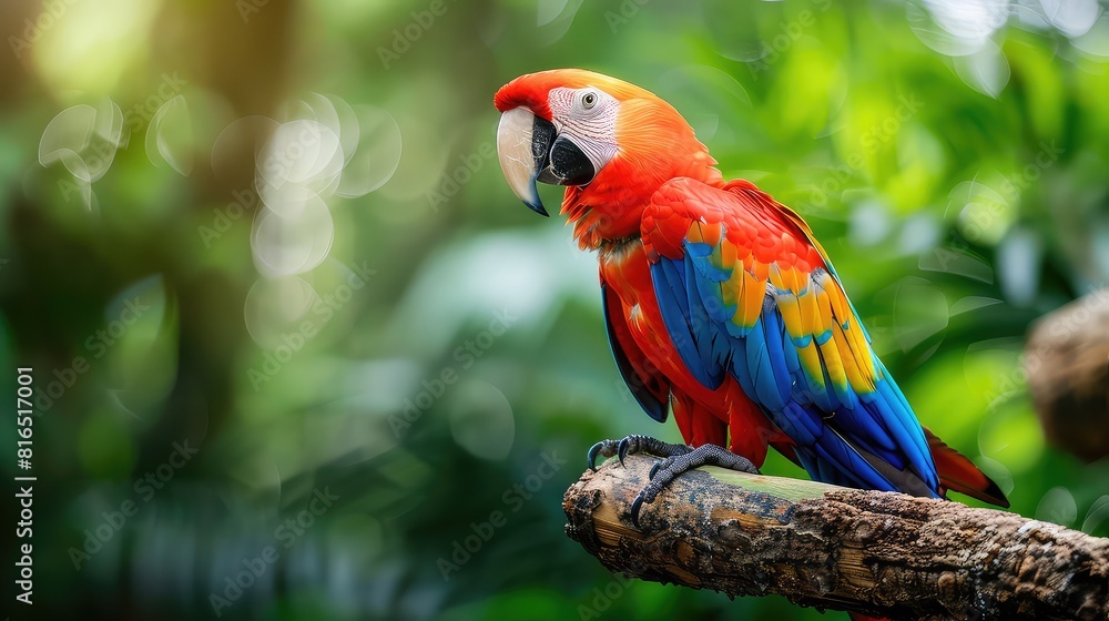 A striking photo capturing the vibrant plumage and regal profile of a scarlet macaw perched on a branch against a lush tropical backdrop, showcasing the exotic beauty of this majestic bird.