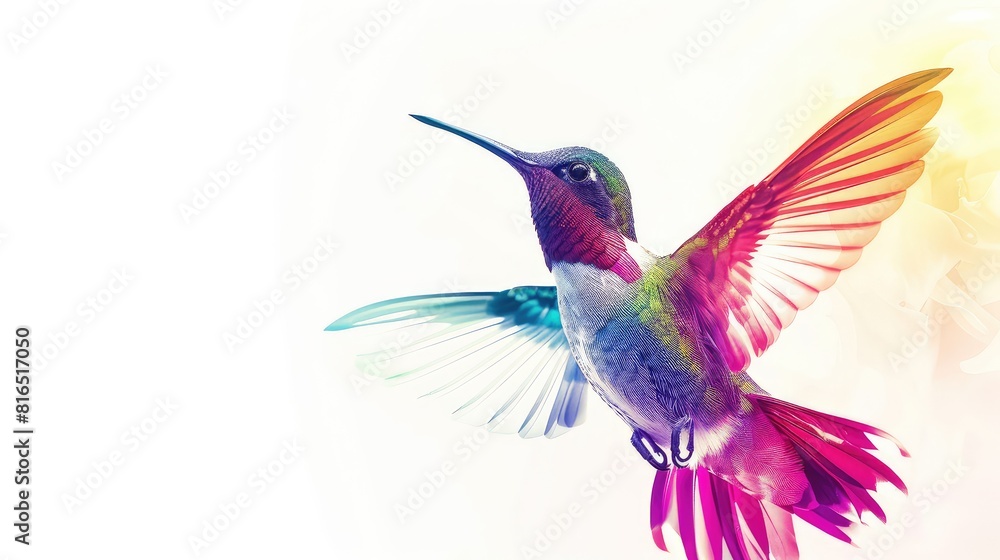 A mesmerizing photo showcasing the graceful movement and vibrant colors of a hummingbird in flight, beautifully contrasted against a bright white background. A mesmerizing photo showcasing the graceful movement and vibrant colors of a hummingbird in flight, beautifully contrasted against a bright white background.