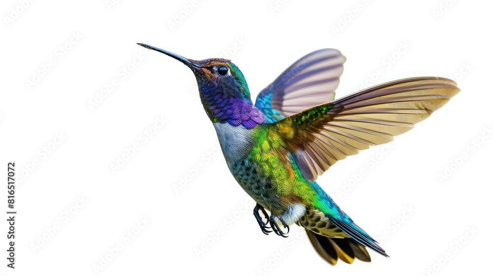 Naklejka premium An engaging photo featuring the bright and iridescent plumage of a flying hummingbird against a pure white background, creating a captivating and visually striking image for various design purposes.